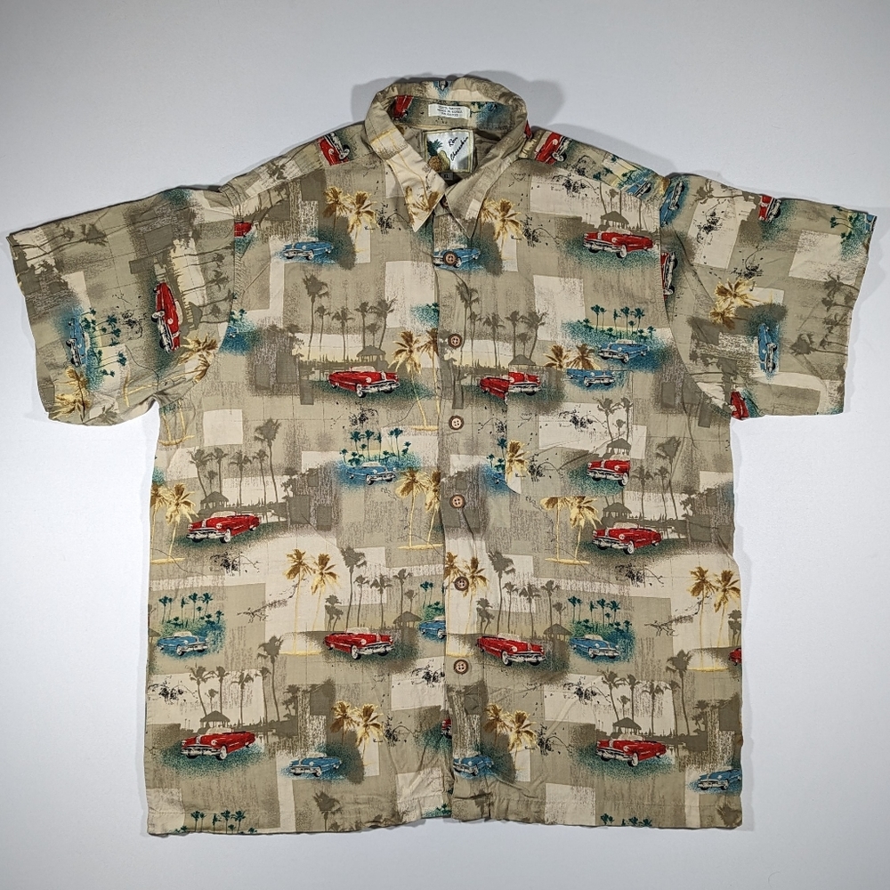 Vintage 90s Hawaiian Shirt Men's Size XL Rayon Classic Cars Buick Tan